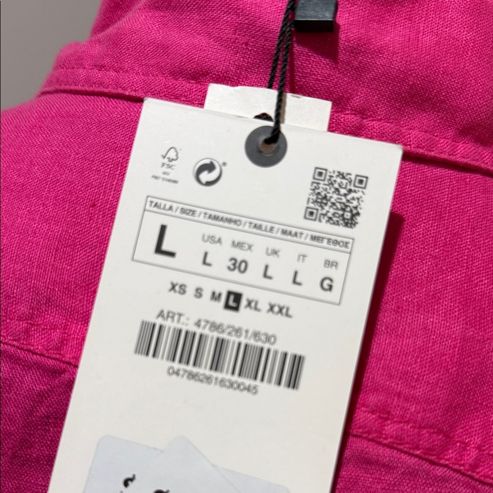Zara Hot Pink LINEN Button-down cropped Women's Top, Large, oversized fit. - Picture 4 of 10